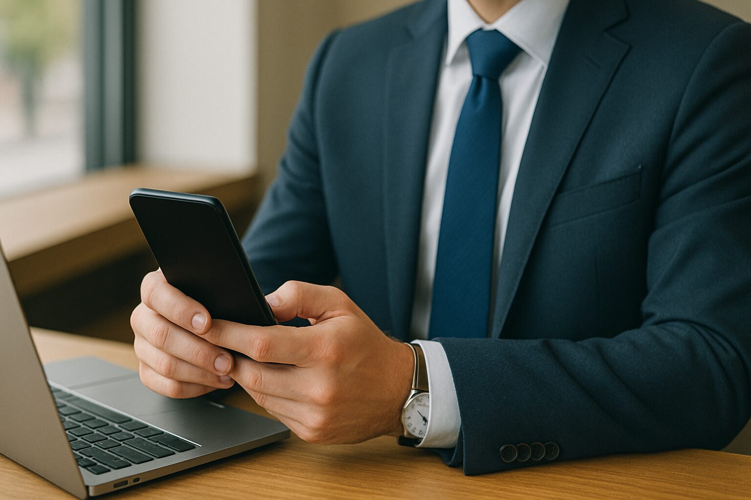 スマホで求人情報をチェックするスーツ姿の男性の手元