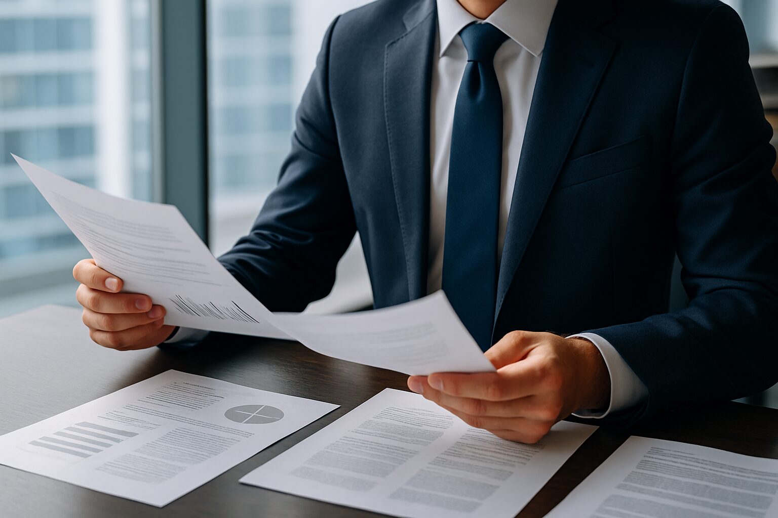 企業資料を確認するスーツ姿の男性の手元