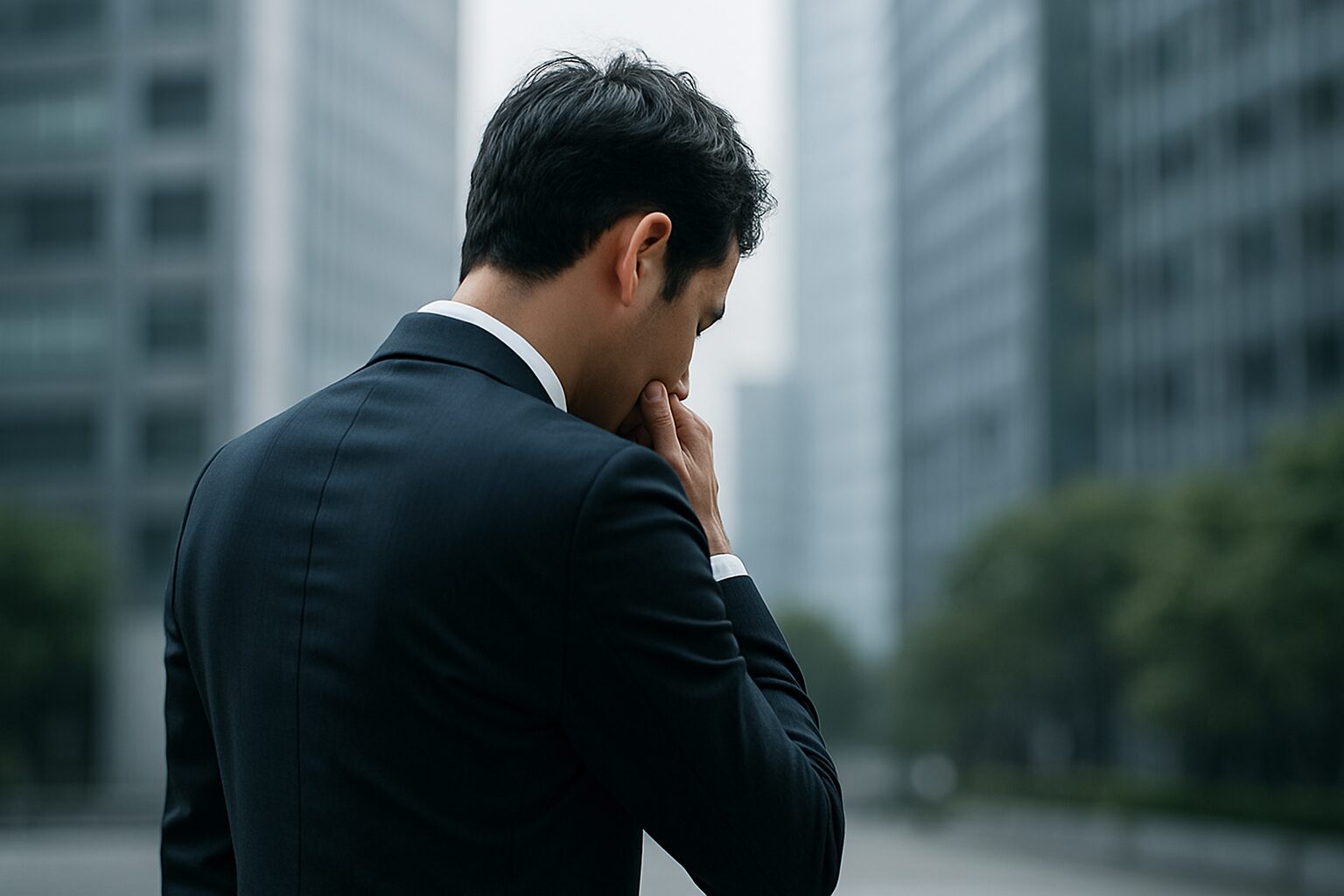 不安を抱える30代スーツ男性の後ろ姿